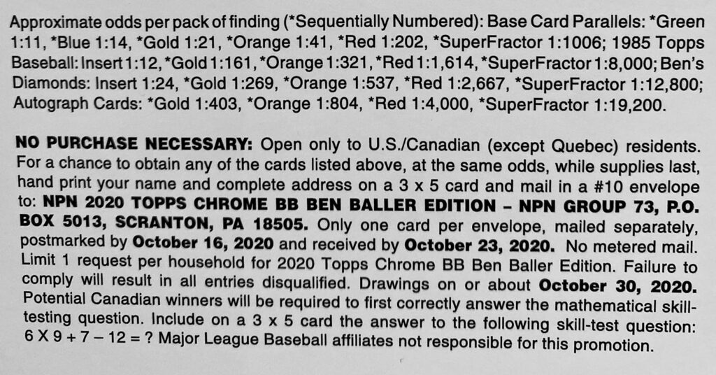 2020 Topps Chrome Ben Baller Edition Baseball Cards - Hobby Box - No Purchase Necessary (NPN) Information