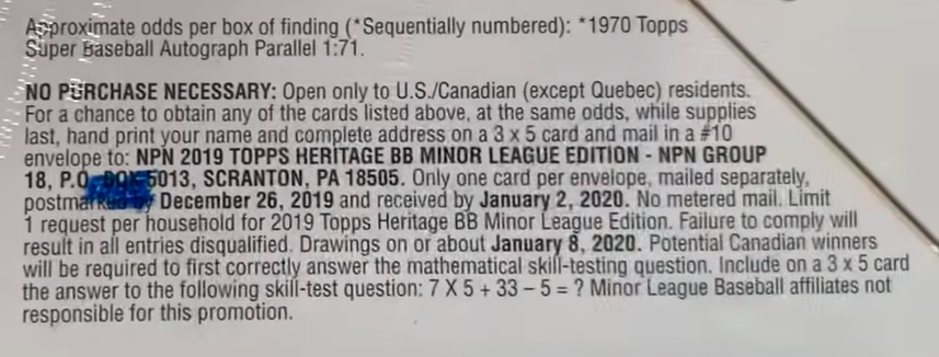 2019 Topps Heritage Minor League Baseball - Hobby Box - No Purchase Necessary (NPN) Information