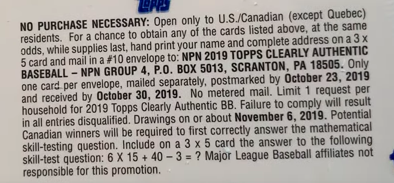 2019 Topps Clearly Authentic Baseball - Hobby Box - No Purchase Necessary (NPN) Information