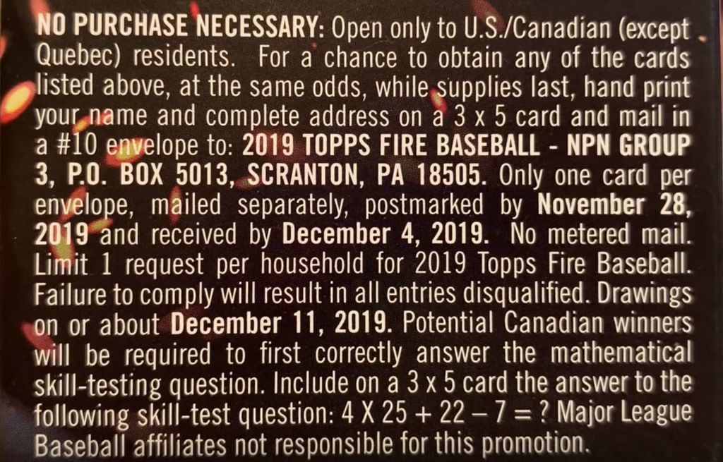 2019 Topps Fire Baseball - Blaster Box - No Purchase Necessary (NPN) Information