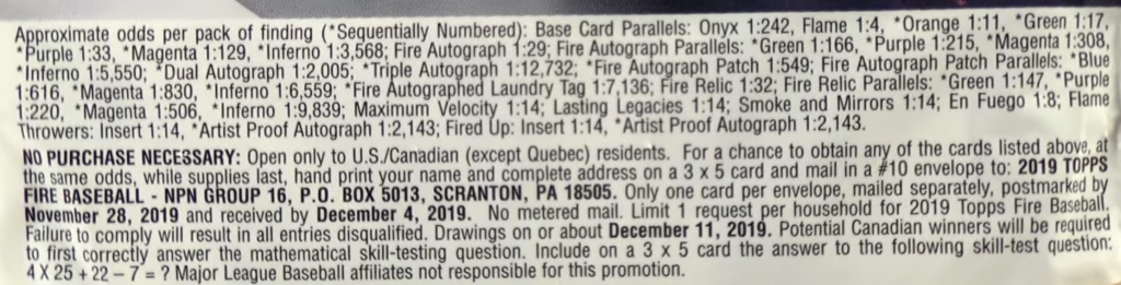 2019 Topps Fire Baseball - Collector's Box - No Purchase Necessary (NPN) Information