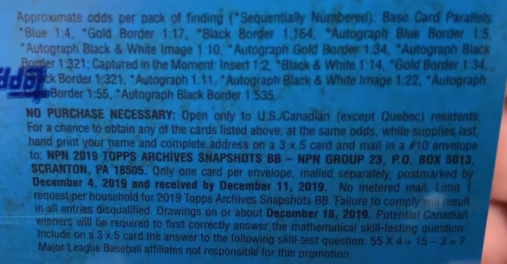 2019 Topps Archives Snapshot Baseball - Hobby Box - No Purchase Necessary (NPN) Information