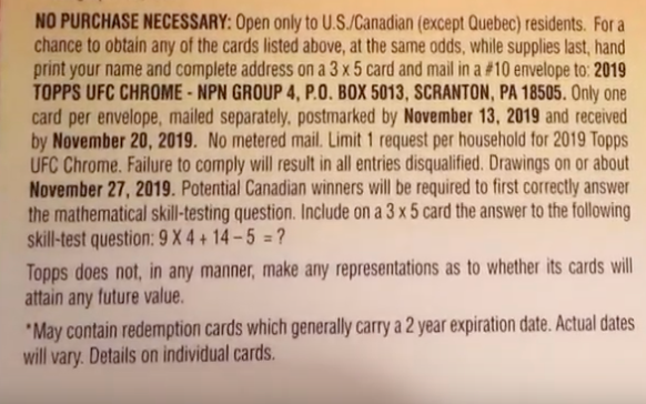 2019 Topps UFC Chrome - Blaster Box - No Purchase Necessary (NPN) Information