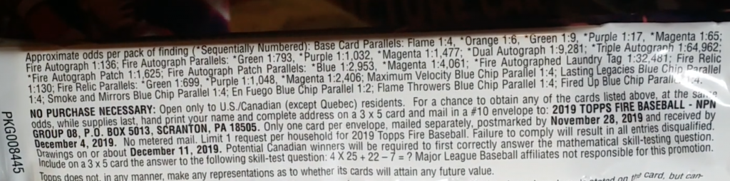 2019 Topps Fire Baseball - Rack Pack - No Purchase Necessary (NPN) Information