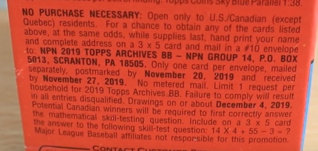 2019 Topps Archives Baseball - Blaster Box - No Purchase Necessary (NPN) Information