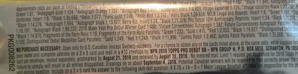 2019 Topps Pro Debut MiLB Baseball - Hobby Box - No Purchase Necessary (NPN) Information