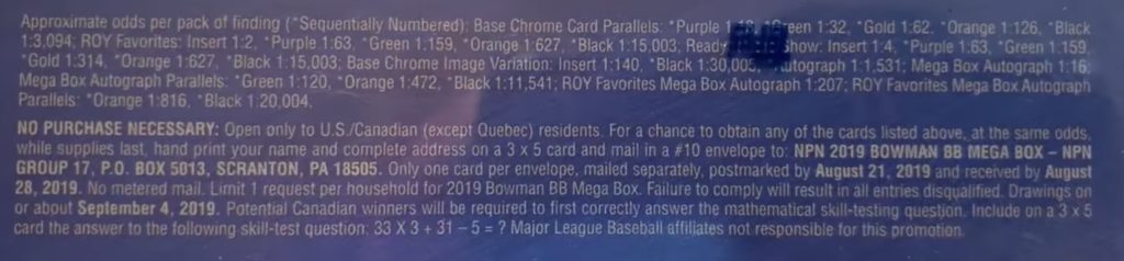 2019 Bowman Mega Box Chrome Baseball - Mega Box - No Purchase Necessary (NPN) Information