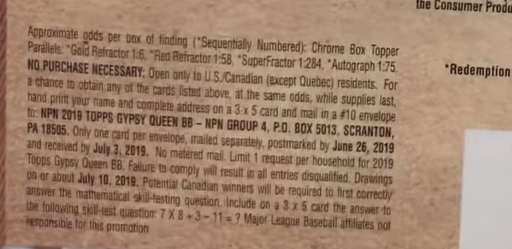 2019 Topps Gypsy Queen Baseball - Hobby Box - No Purchase Necessary (NPN) Information