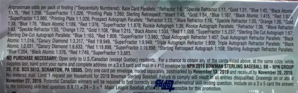 2019 Bowman Sterling Baseball - Hobby Box - No Purchase Necessary (NPN) Information