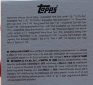 2019 Topps Dynasty Baseball - Hobby Box - No Purchase Necessary (NPN) Information