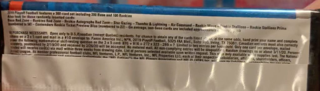 2019 Panini Playoff Football Cards - Hobby Box / Blaster Box / Hanger Pack - No Purchase Necessary (NPN) Information