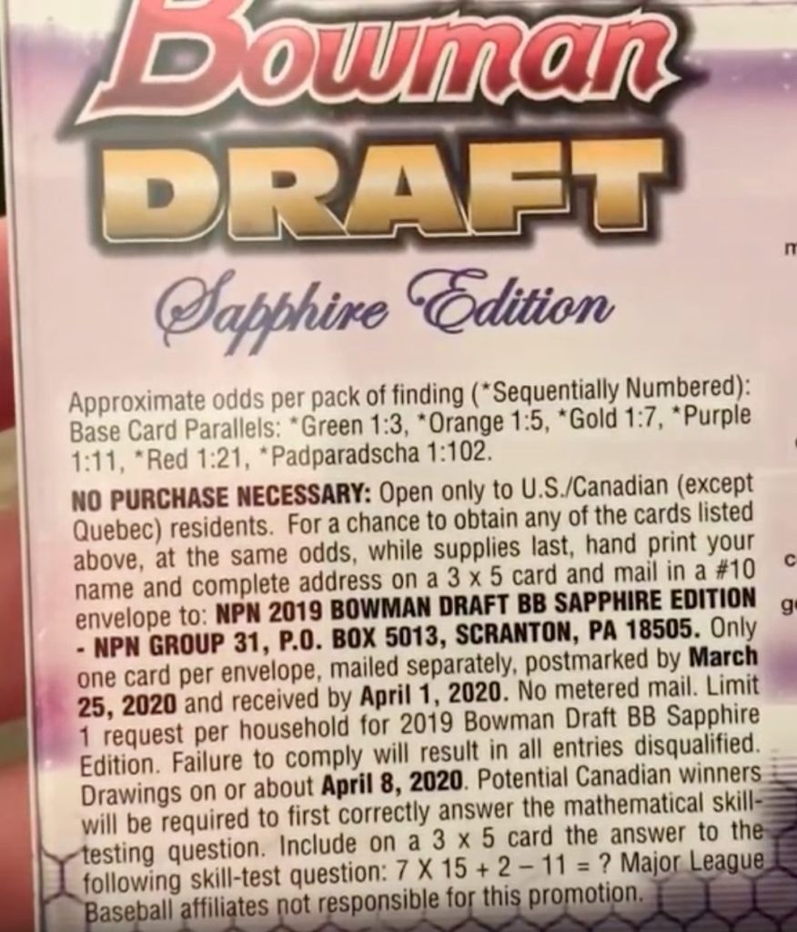 2019 Bowman Draft Sapphire Edition Baseball Cards - Hobby Box - No Purchase Necessary (NPN) Information