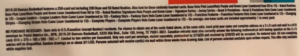 2019-20 Donruss Basketball Cards - Hobby Box / Gravity Pack / Value Pack - No Purchase Necessary (NPN) Information