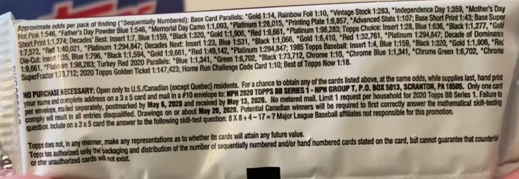 2020 Topps Series 1 Baseball Cards - Single Pack (Target) - No Purchase Necessary (NPN) Information