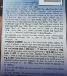 2020 Topps Series 1 Baseball Cards - Blaster Box - No Purchase Necessary (NPN) Information