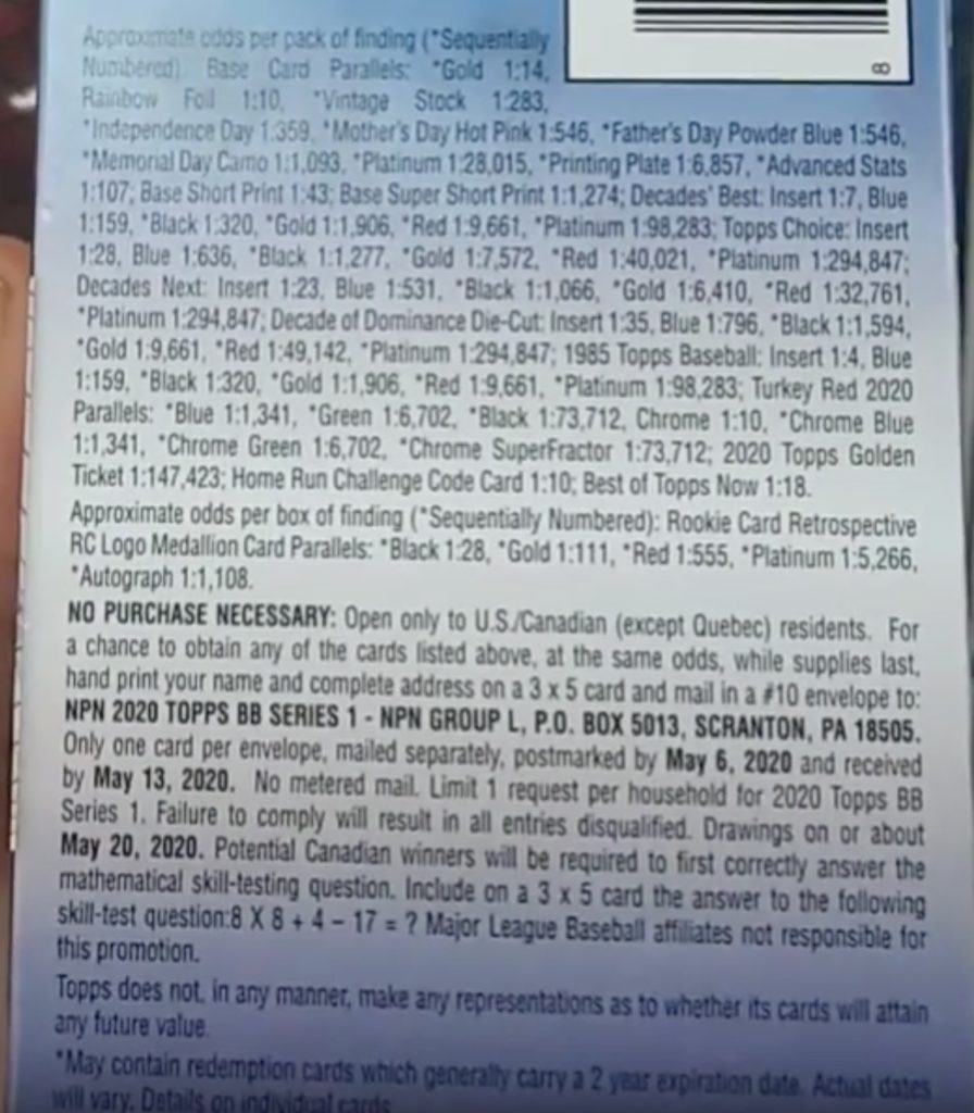 2020 Topps Series 1 Baseball Cards - Blaster Box - No Purchase Necessary (NPN) Information