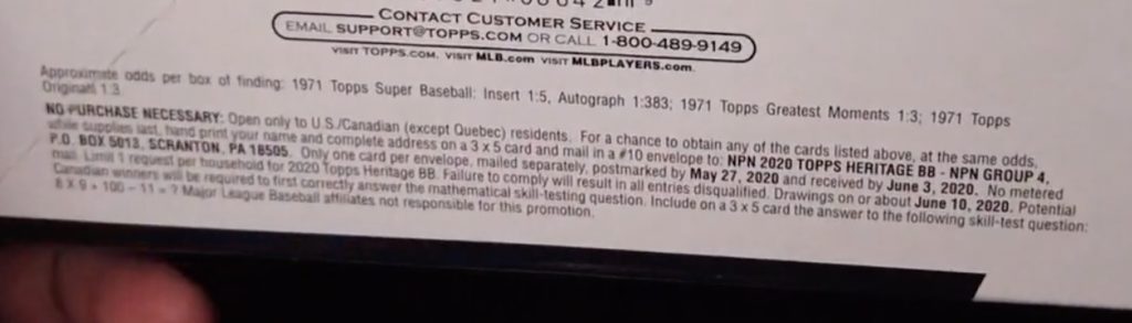 2020 Topps Heritage Baseball Cards - Hobby Box - No Purchase Necessary (NPN) Information