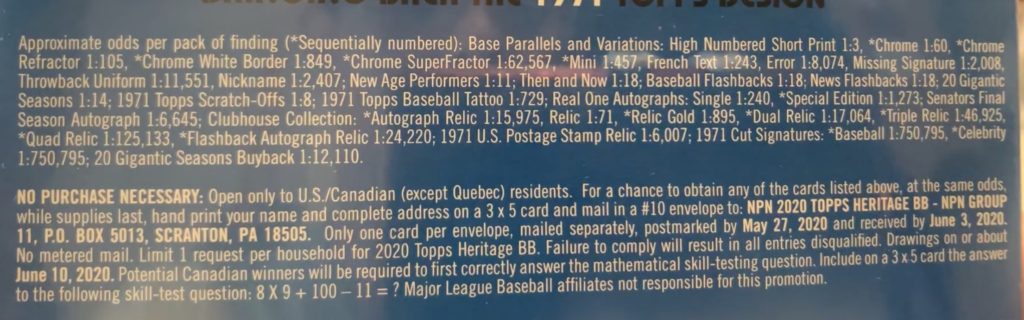2020 Topps Heritage Chrome Mega Box Baseball Cards - Mega Box - No Purchase Necessary (NPN) Information
