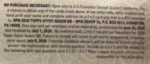 2020 Topps Gypsy Queen Baseball Cards - Hobby Box (Back of Box) - No Purchase Necessary (NPN) Information