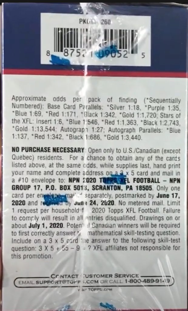 2020 Topps XFL Football Cards - Blaster Box - No Purchase Necessary (NPN) Information