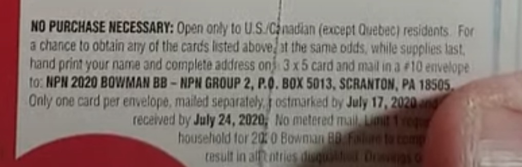 2020 Bowman Baseball Cards - Blaster Box - No Purchase Necessary (NPN) Information