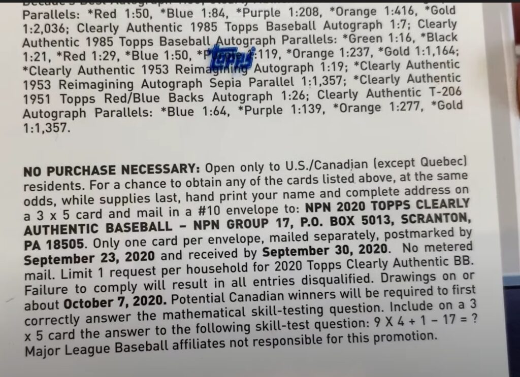 2020 Topps Clearly Authentic Baseball Cards - Hobby Box - No Purchase Necessary (NPN) Information
