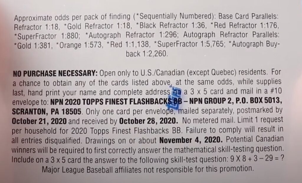 2020 Topps Baseball’s Finest Flashbacks Baseball Cards - Hobby Box - No Purchase Necessary (NPN) Information
