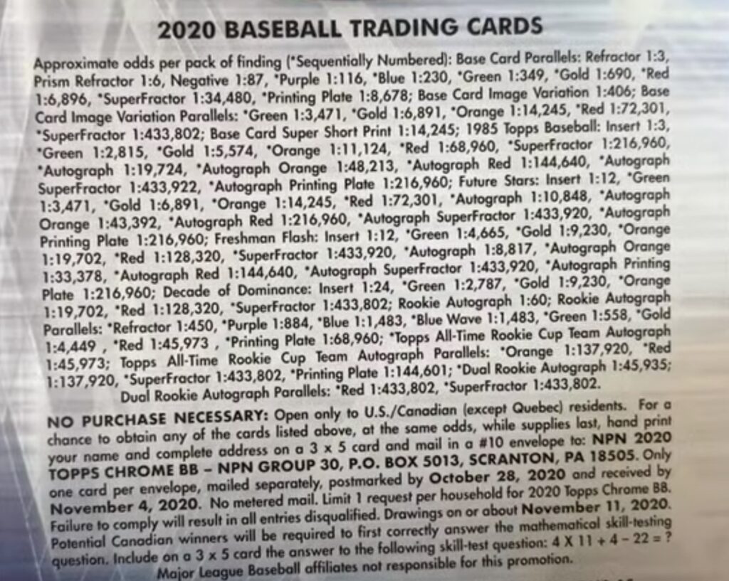 2020 Topps Chrome Baseball Cards - Hanger Box - No Purchase Necessary (NPN) Information