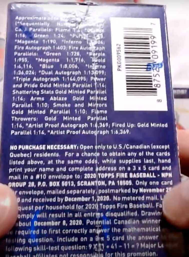 2020 Topps Fire Baseball Cards - Blaster Box - No Purchase Necessary (NPN) Information