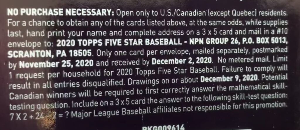 2020 Topps Five Star Baseball Cards - Hobby Box - No Purchase Necessary (NPN) Information