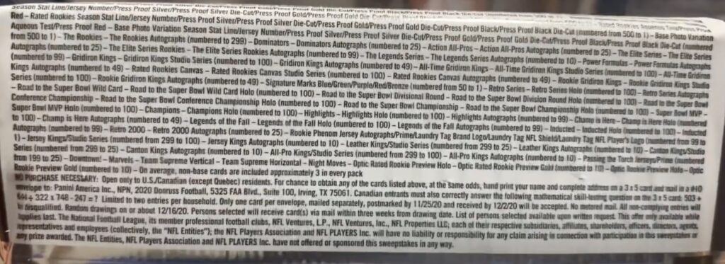 2020 Donruss Football Cards - Hobby Box - No Purchase Necessary (NPN) Information