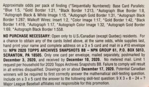 2020 Topps Archives Snapshots Baseball Cards - Hobby Box - No Purchase Necessary (NPN) Information