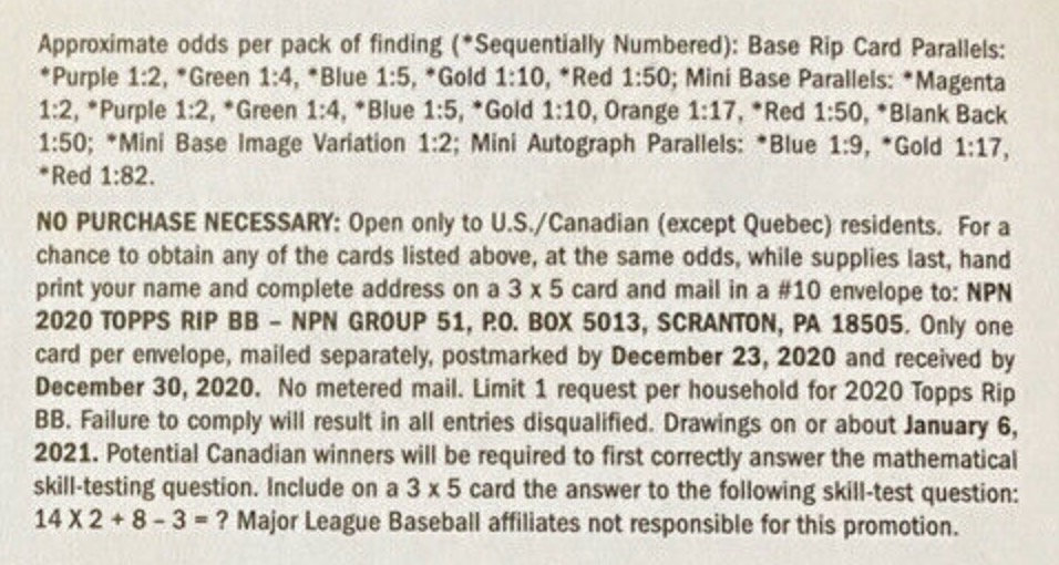 2020 Topps Rip Baseball Cards - Hobby Box - No Purchase Necessary (NPN) Information