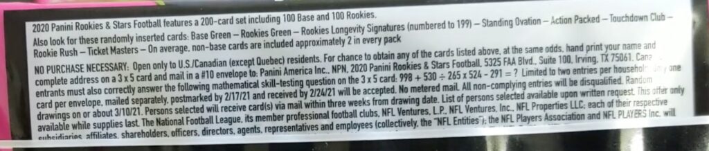 2020 Panini Rookies & Stars Football - All Formats - No Purchase Necessary (NPN) Information
