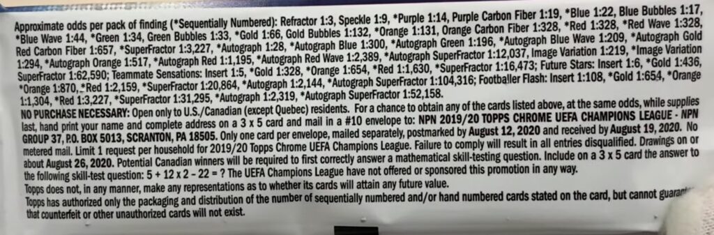 2019-20 Topps Chrome UEFA Champions League Soccer Cards - Hobby Box - No Purchase Necessary (NPN) Information