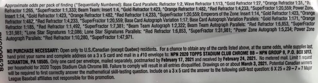 2020 Topps Stadium Club Chrome Baseball Cards - Hobby Box - No Purchase Necessary (NPN) Information