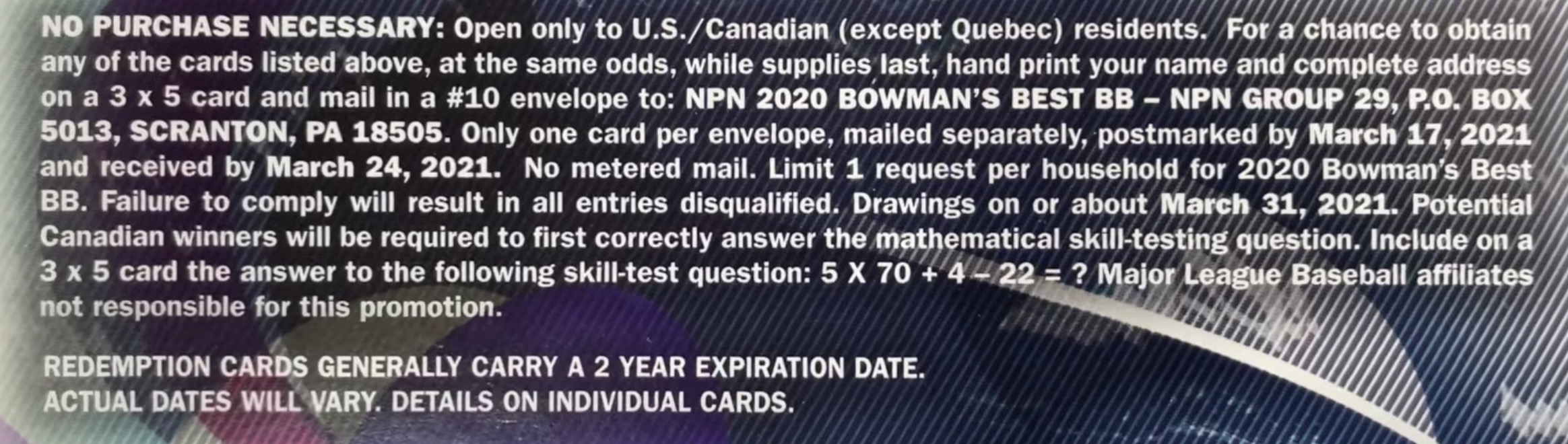 2020 Bowman’s Best Baseball Cards - Hobby Box - No Purchase Necessary (NPN) Information