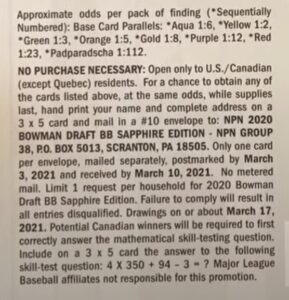 2020 Bowman Draft Sapphire Edition Baseball Cards - Hobby Box - No Purchase Necessary (NPN) Information