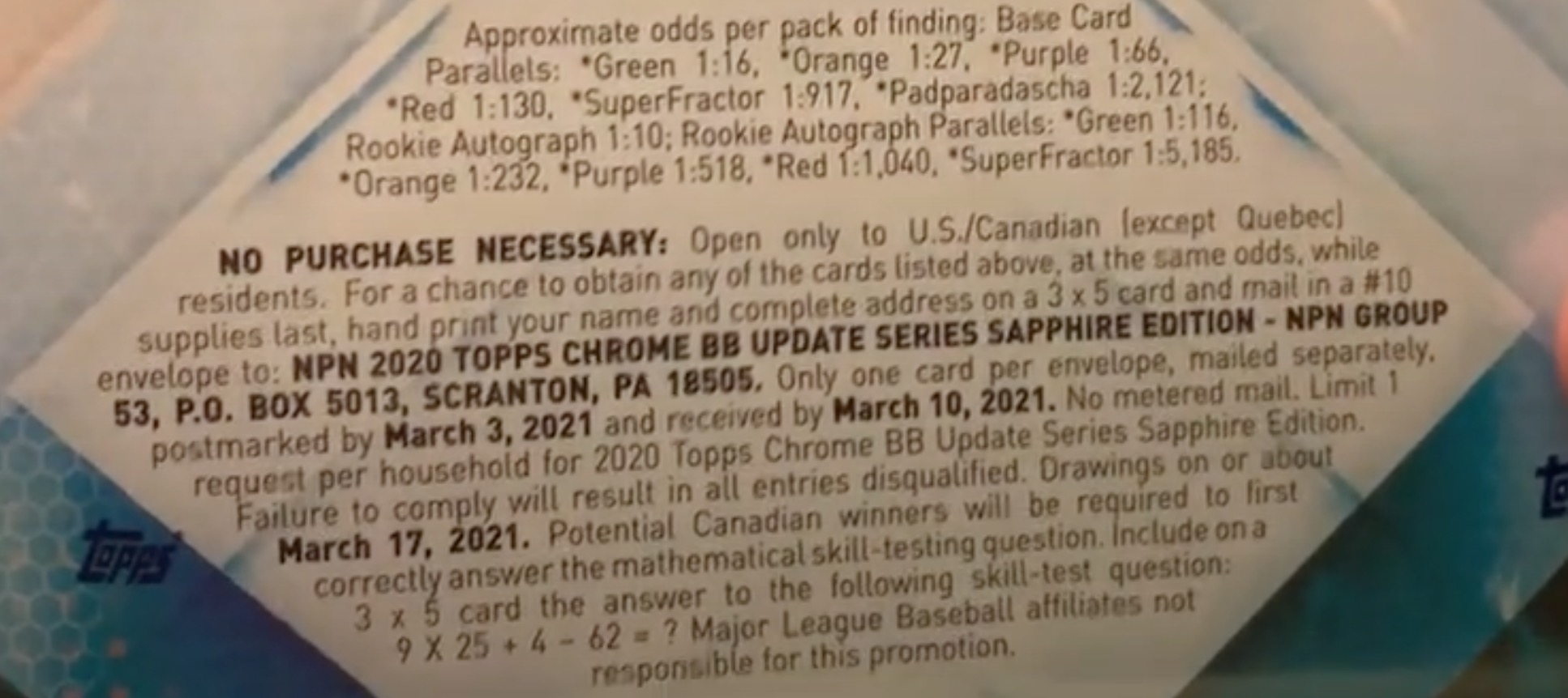 2020 Topps Chrome Update Series Sapphire Edition Baseball Cards - Hobby Box - No Purchase Necessary (NPN) Information