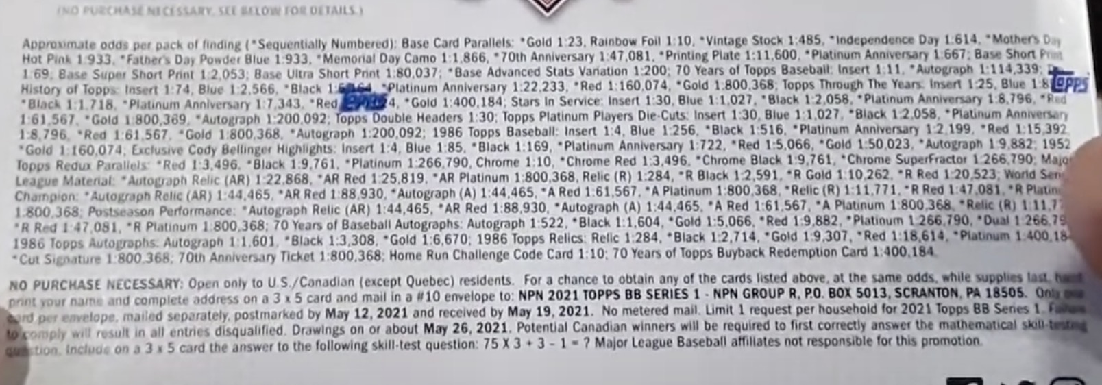 2021 Topps Series 1 Baseball Cards - Mega Box - Target - No Purchase Necessary (NPN) Information