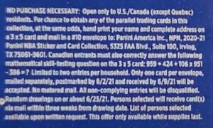 2020-21 Panini NBA Sticker & Card Collection Basketball Cards - Hobby Box - No Purchase Necessary (NPN) Information