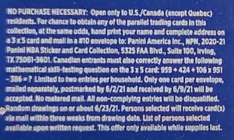 2020-21 Panini NBA Sticker & Card Collection Basketball Cards - Hobby Box - No Purchase Necessary (NPN) Information