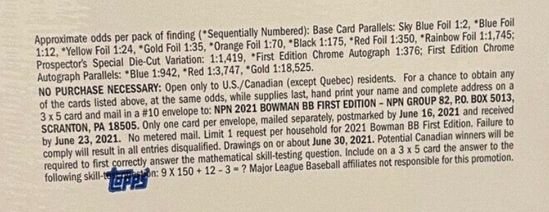 2021 Bowman 1st Edition Baseball Cards - Hobby Box - No Purchase Necessary (NPN) Information