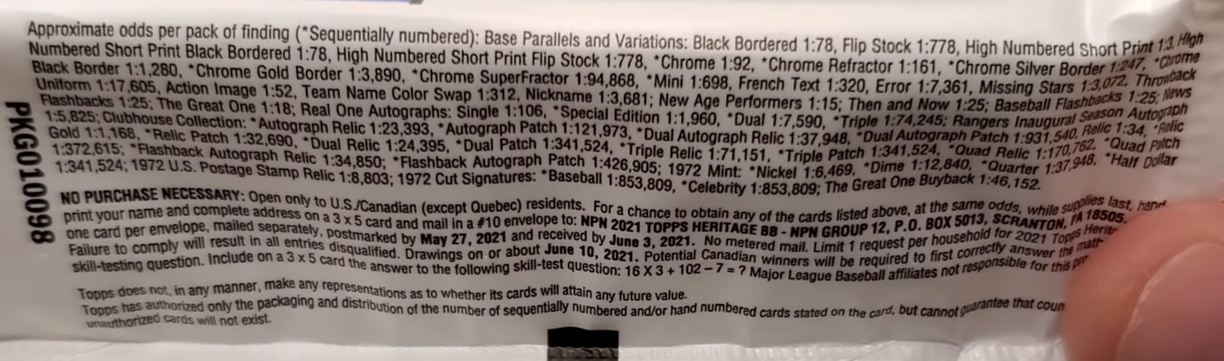 2021 Topps Heritage Baseball Cards - Hobby Box Pack - No Purchase Necessary (NPN) Information