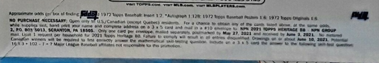 2021 Topps Heritage Baseball Cards - Hobby Box - No Purchase Necessary (NPN) Information