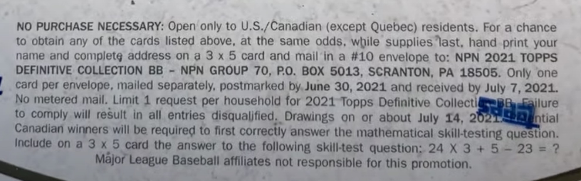2021 Topps Definitive Collection Baseball Cards - Hobby Box - No Purchase Necessary (NPN) Information