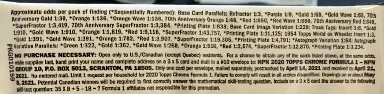 2020 Topps Chrome Formula 1 Racing Cards - Hobby Box - No Purchase Necessary (NPN) Information