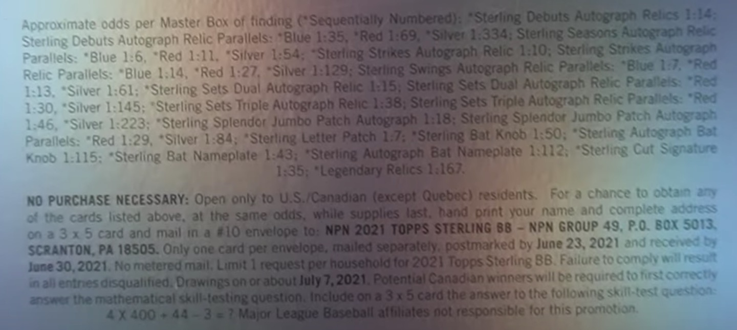 2021 Topps Sterling Baseball Cards - Hobby Box - No Purchase Necessary (NPN) Information