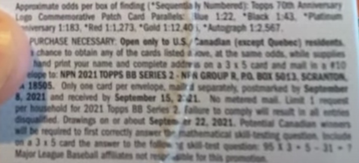 2021 Topps Series 2 Baseball Cards - Blaster Box - No Purchase Necessary (NPN) Information