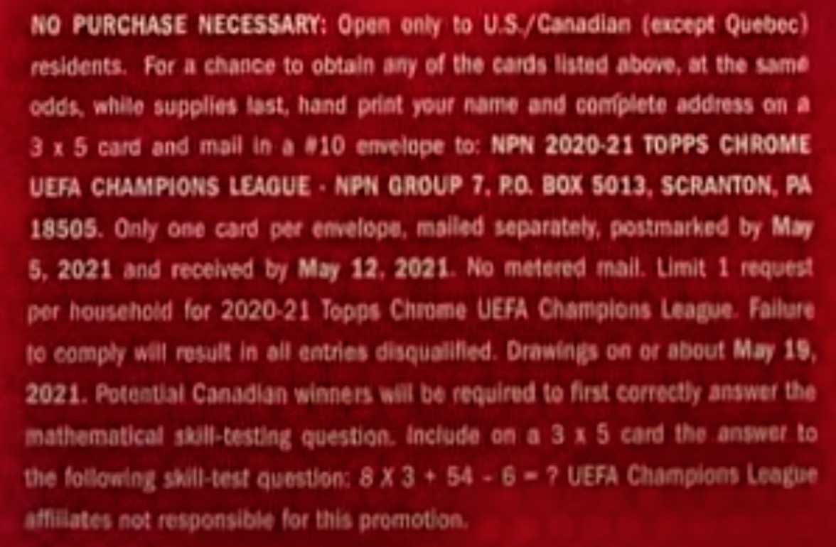 2020-21 Topps Chrome UEFA Champions League Soccer - Blaster Box - No Purchase Necessary (NPN) Information